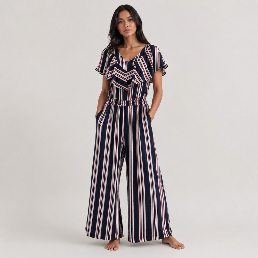 NWT Kiyonna striped ruffle jumpsuit women's XL patriotic Fourth of July culotte